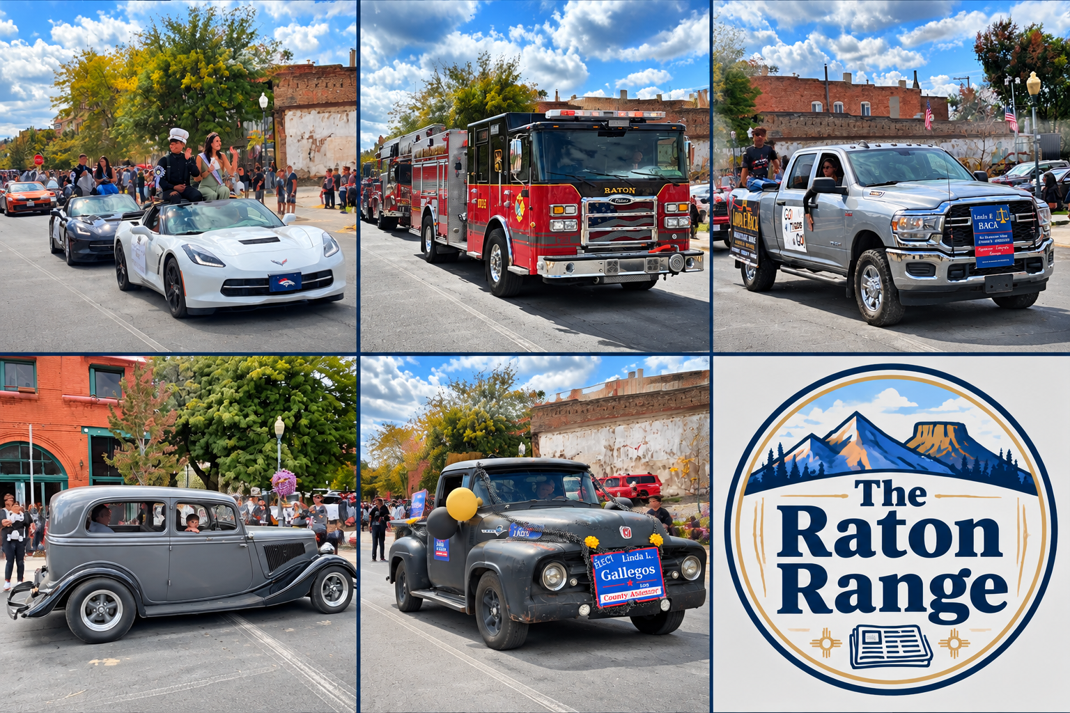 The Raton Range logo featured with a small-town parade collage showing classic cars, fire trucks, and community vehicles.