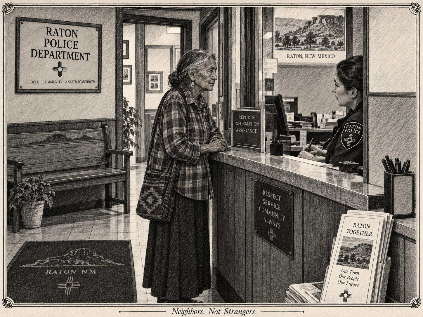 Elderly woman speaking with police department staff while reporting a missing wallet in Raton, New Mexico